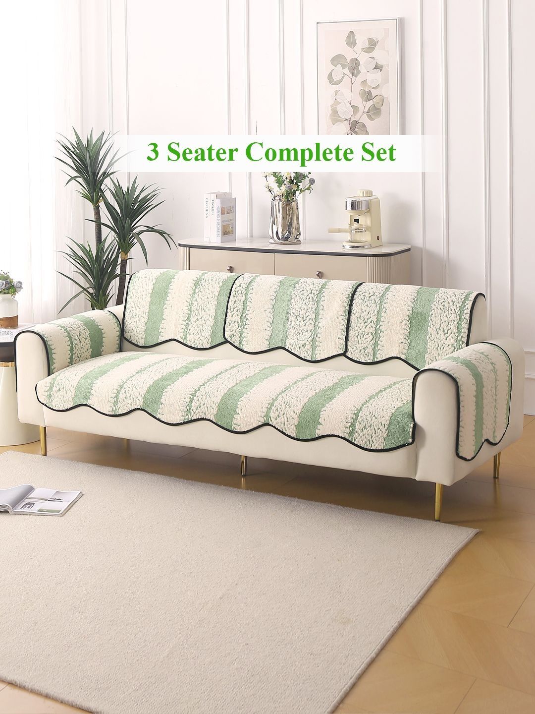 HOKIPO Pistachio Green Chenille Anti-Slip Complete Sofa Cover Set for 3 Seater-image-46