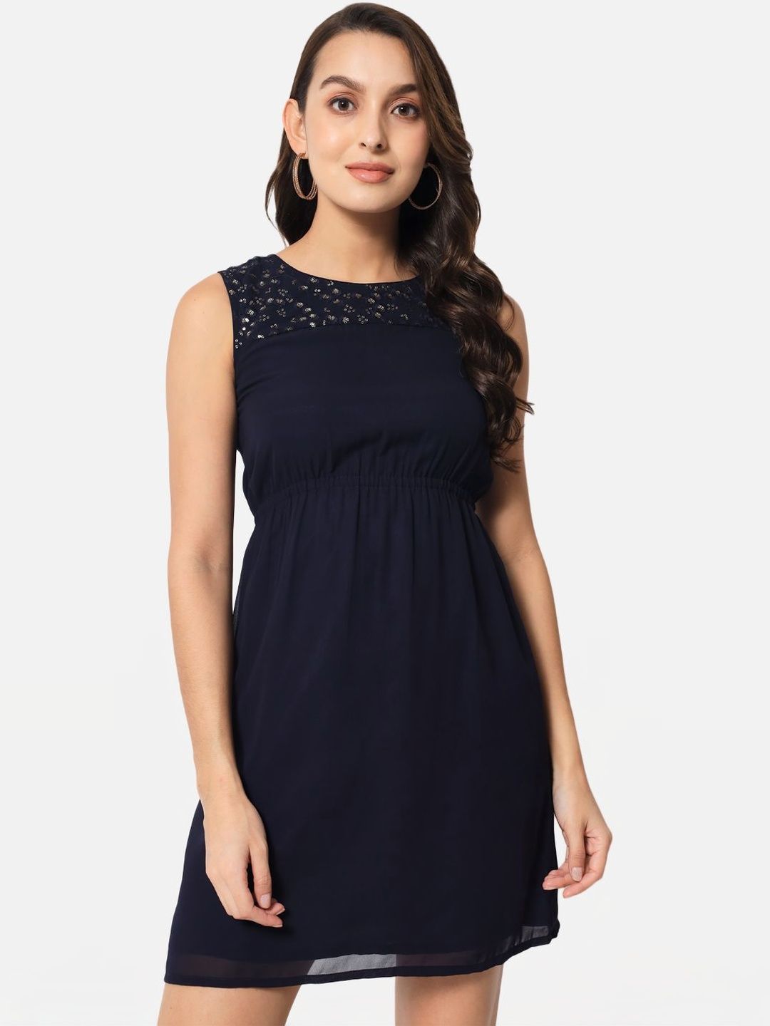 SZN Navy Blue Embellished Crepe A-Line Dress-image-3