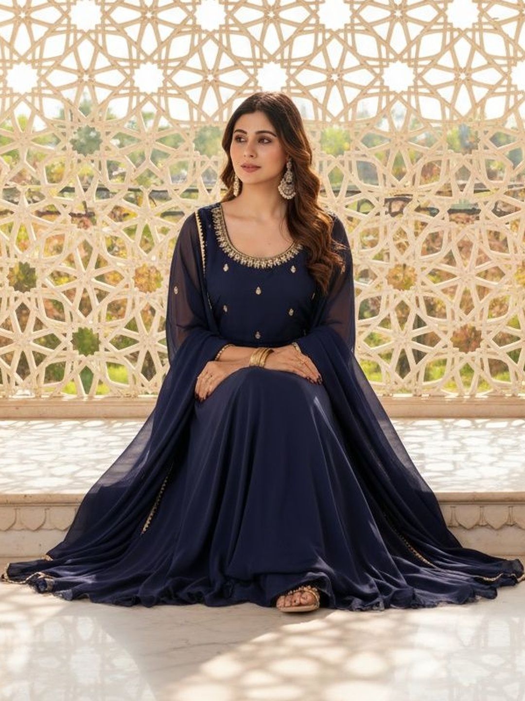 Navy Blue Embellished Georgette A-Line Maxi Dress-image-18