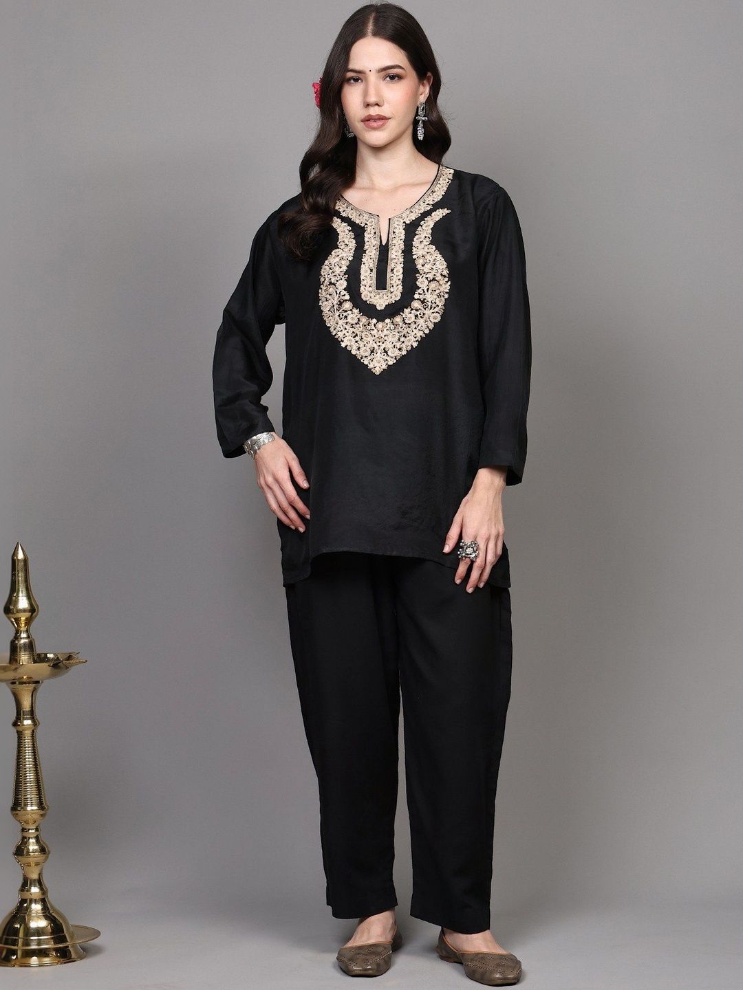 Exotic India Floral Embroidered Pure Silk Kurti-image-23
