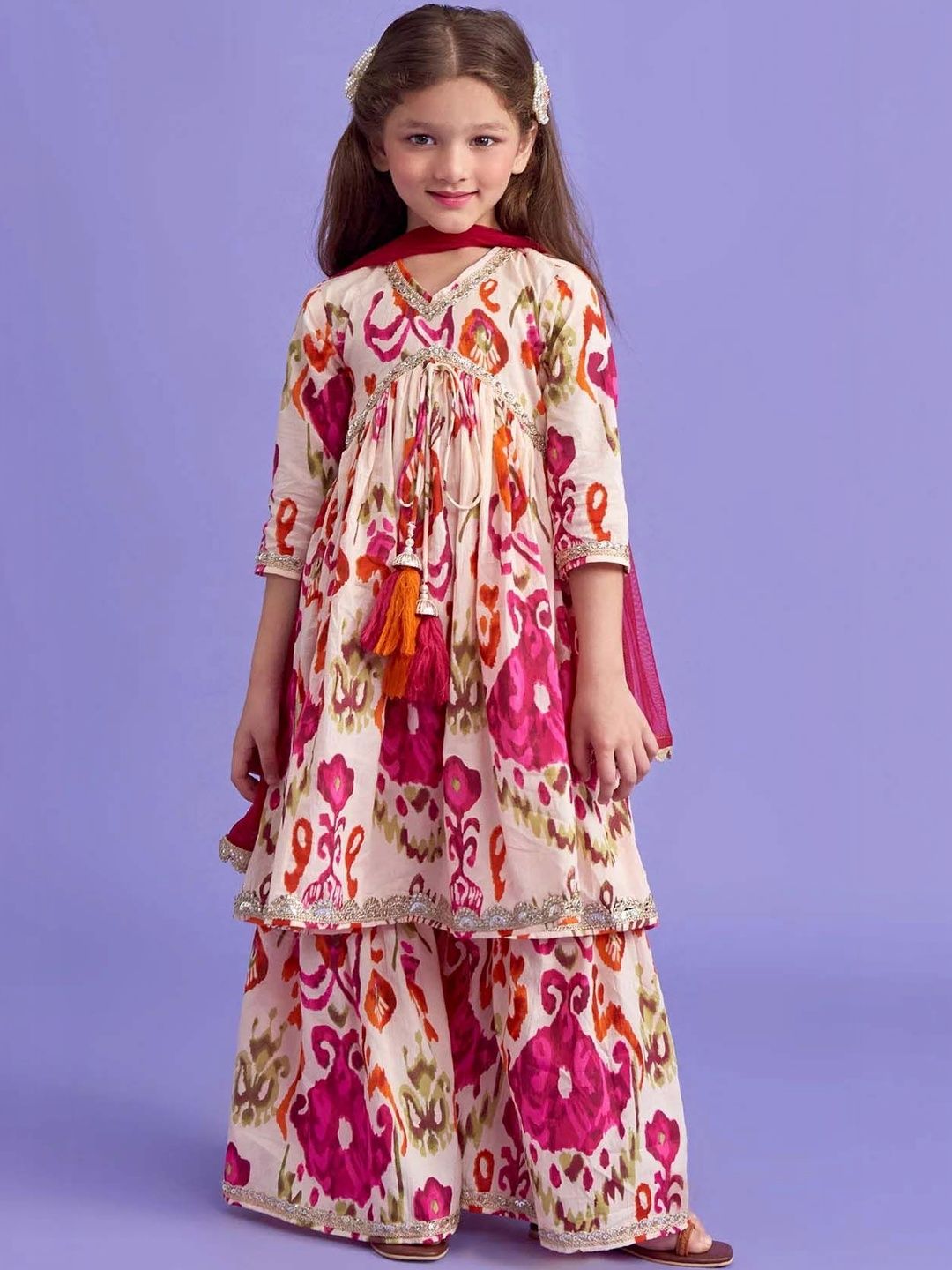 YK Girls Printed Tiered Gotta Patti Kurta with Sharara & With Dupatta