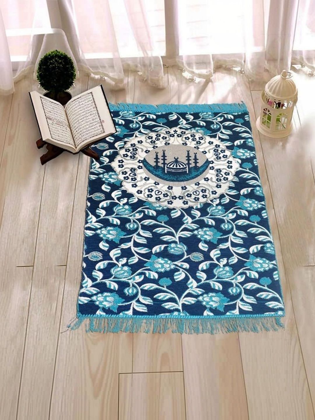 Furnishing Hut Turquoise Blue & Navy Blue Floral Printed Floor Mat-image-26