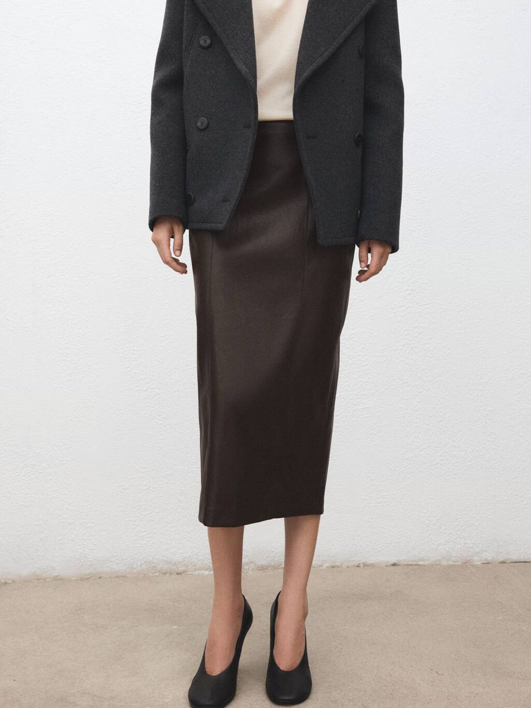 MANGO Faux Leather Mid-Rise Midi Pencil Skirt
