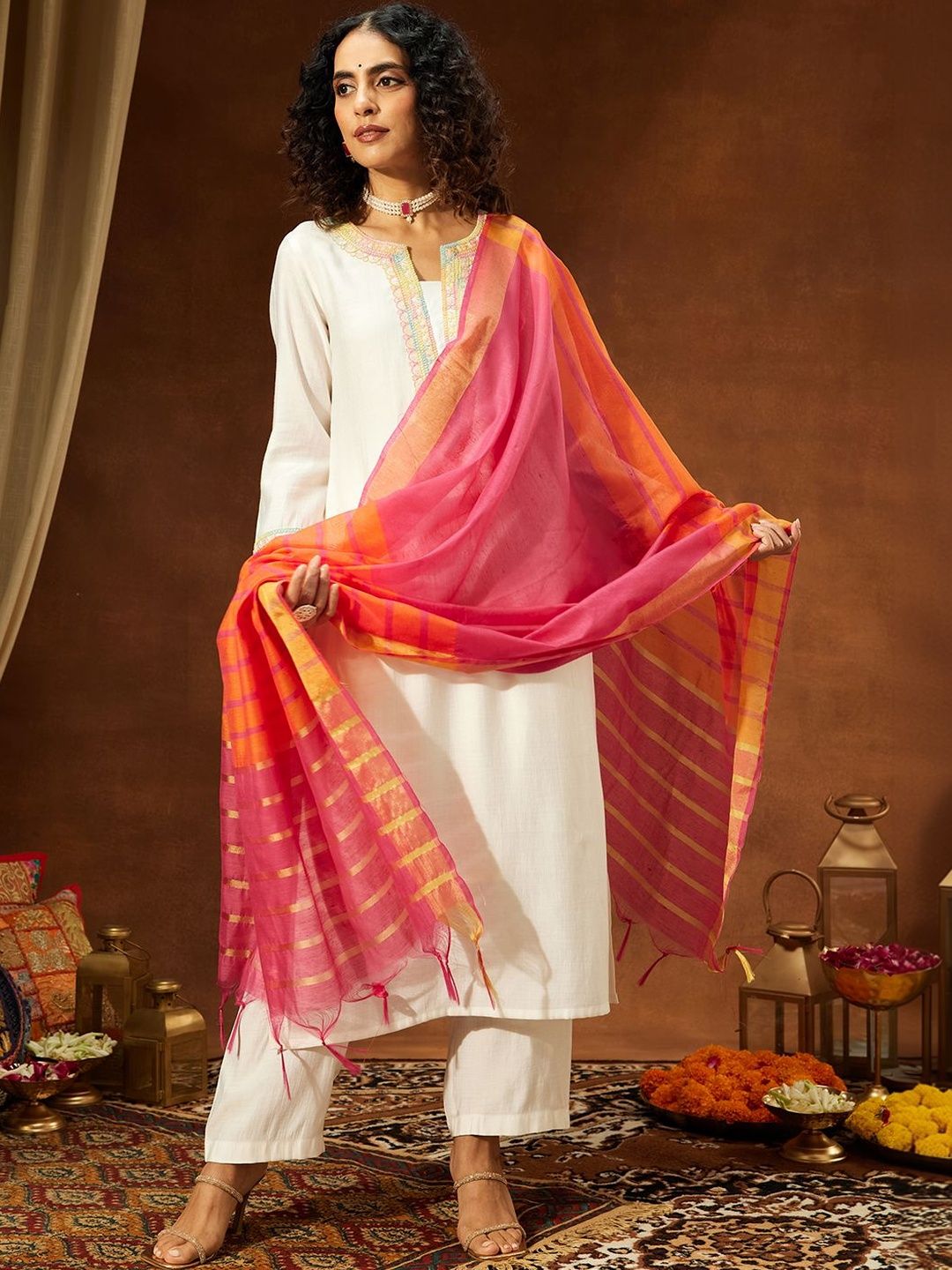 Janasya Women Floral Yoke Design Regular Sequinned Kurta with Trousers & With Dupatta-image-49