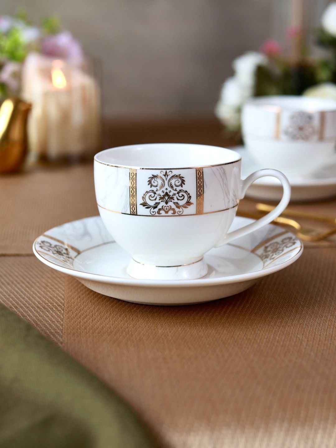 vigneto Gold-Toned & White Printed Porcelain Glossy Core Set of Cups and Mugs-picture-31
