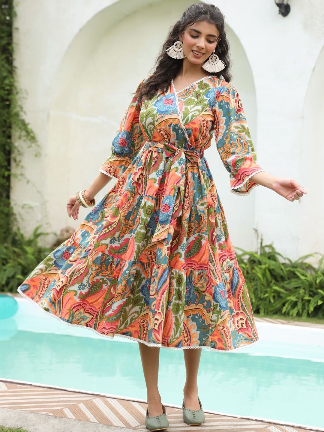 Rain & Rainbow Women Ethnic Motifs Printed V-Neck Fit and Flare Ethnic Dress-image-24