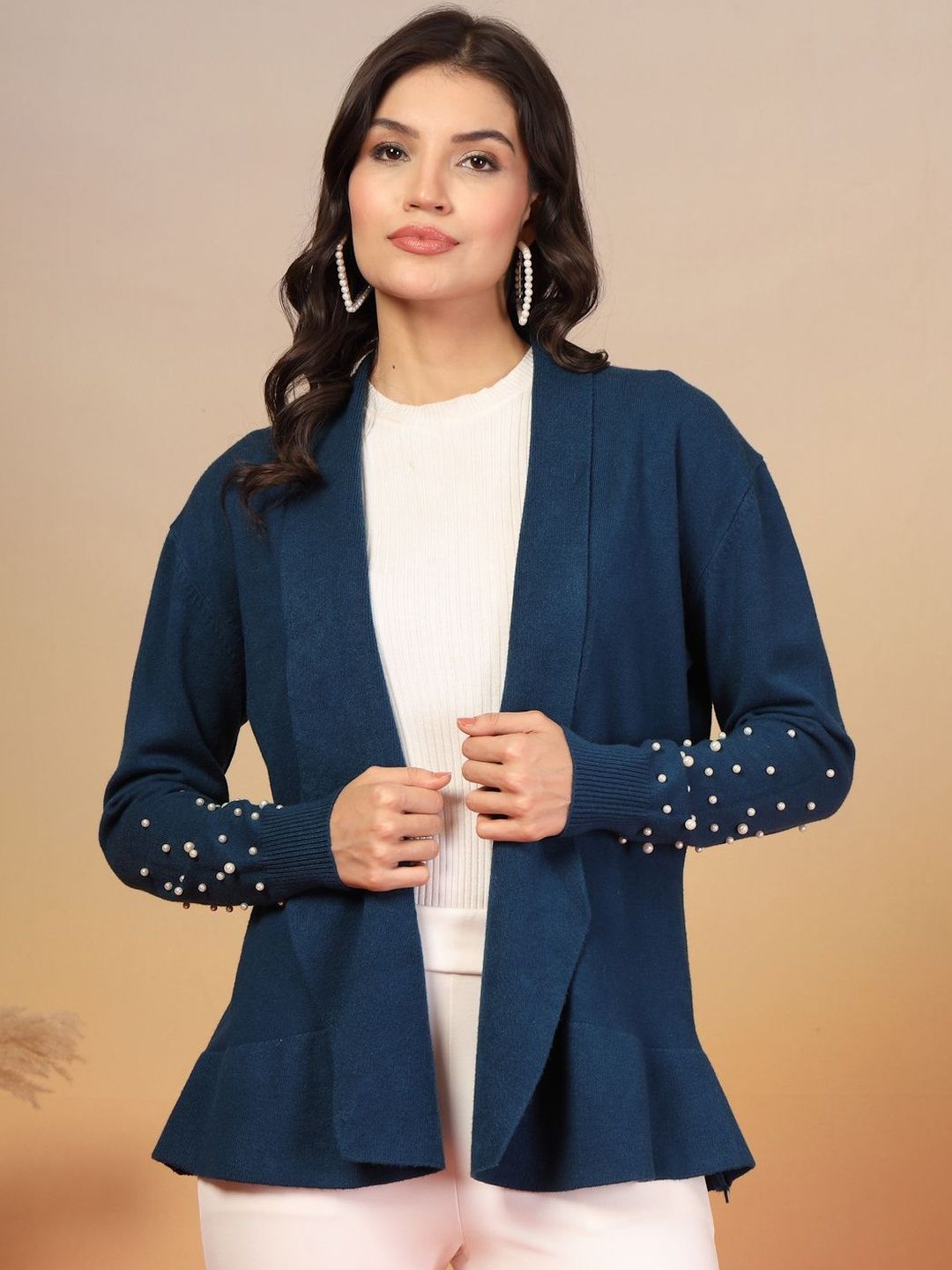 The Roadster Lifestyle Co Juelle Embellished Woolen V-Neck Open Front Longline Shrug-picture-14