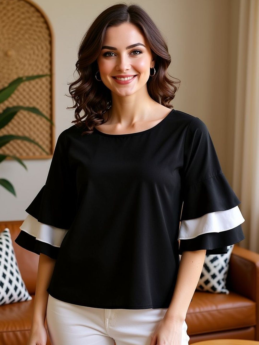 KYVO Colourblocked Bell Sleeve Ruffles Crepe Top-image-2