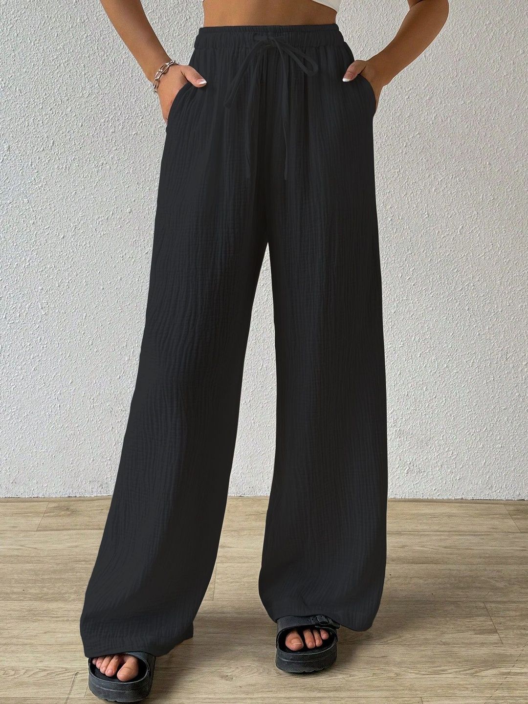 Sugathari Women Textured Relaxed Straight Leg Loose Fit Wrinkle Free Trousers-picture-54