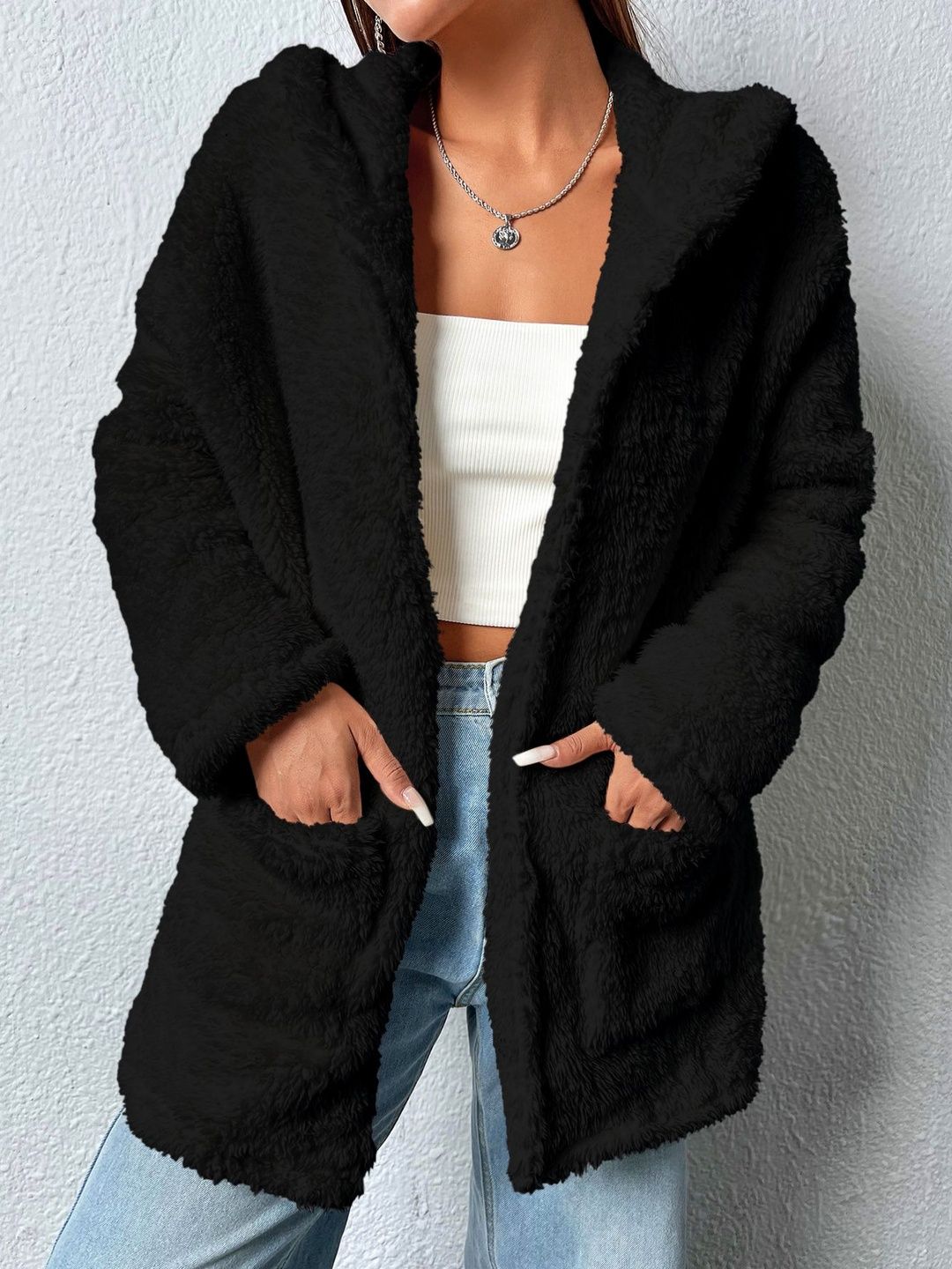 Stylecast X Slyck Women Solid Hooded Open Front Fur Shrug-image-48
