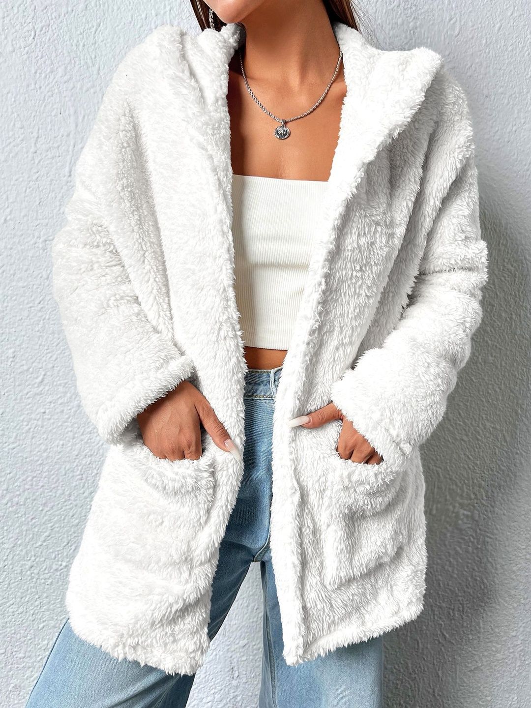 Stylecast X Slyck Women Solid Hooded Open Front Fur Shrug-image-39
