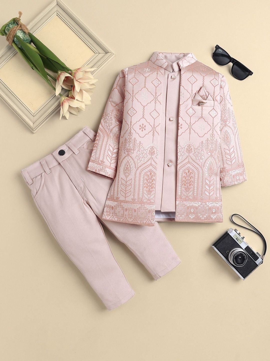 Sangria Boys Jacquard Leaf Motifs Sherwani & Trouser Set With Shrug-image-7