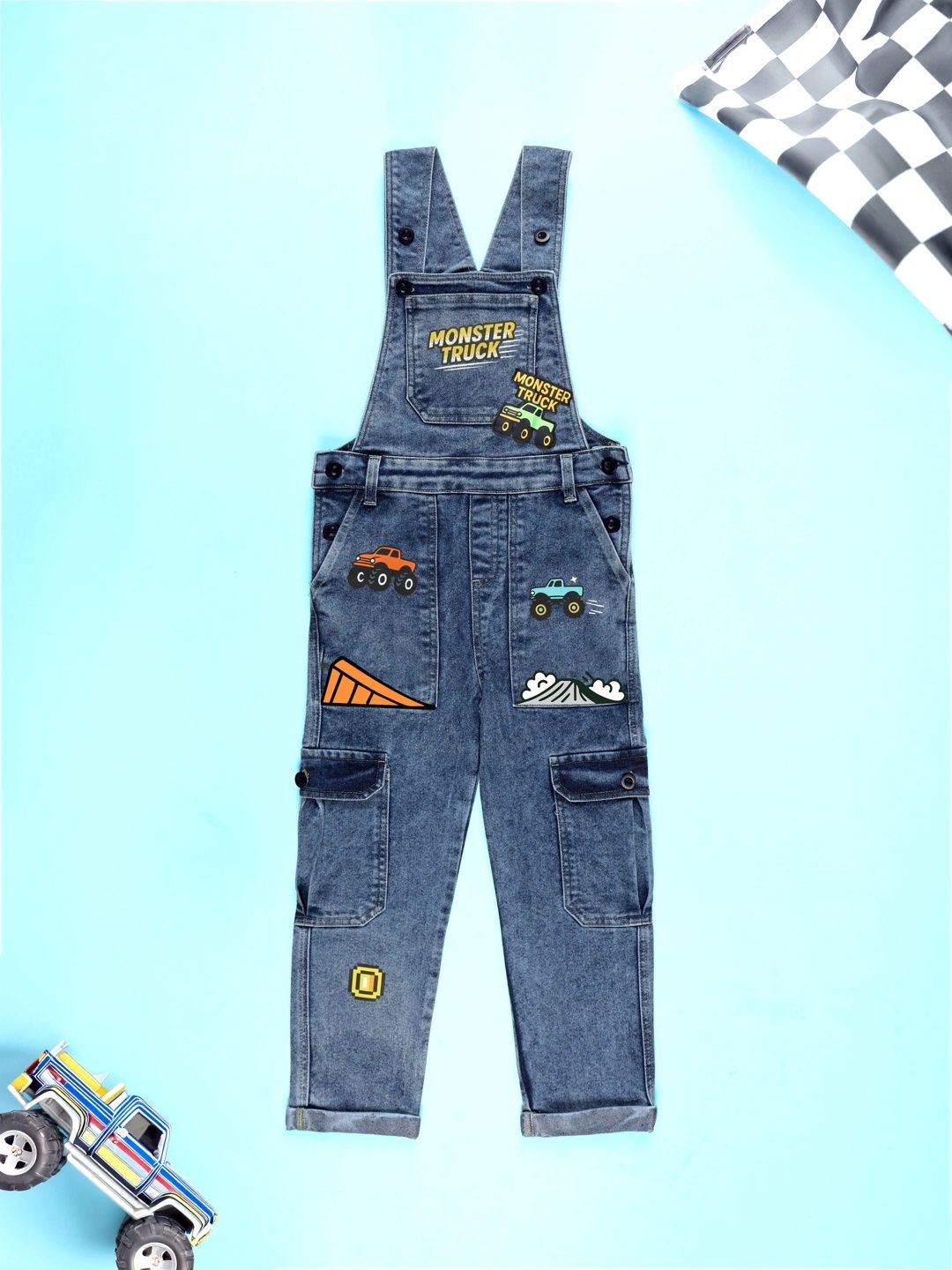 KiddoPanti Boys Printed Straight Leg Dungarees With Cargo Pockets-picture-12