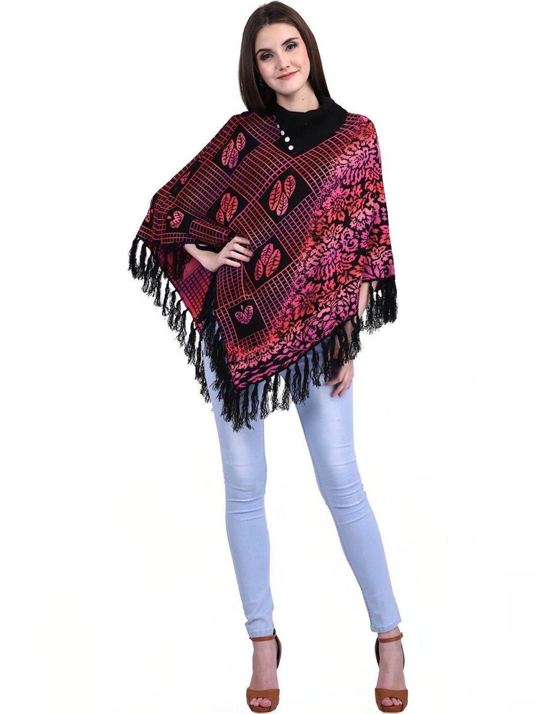 eKools Unisex Floral Printed Woollen Poncho with Fringed Detail-picture-26