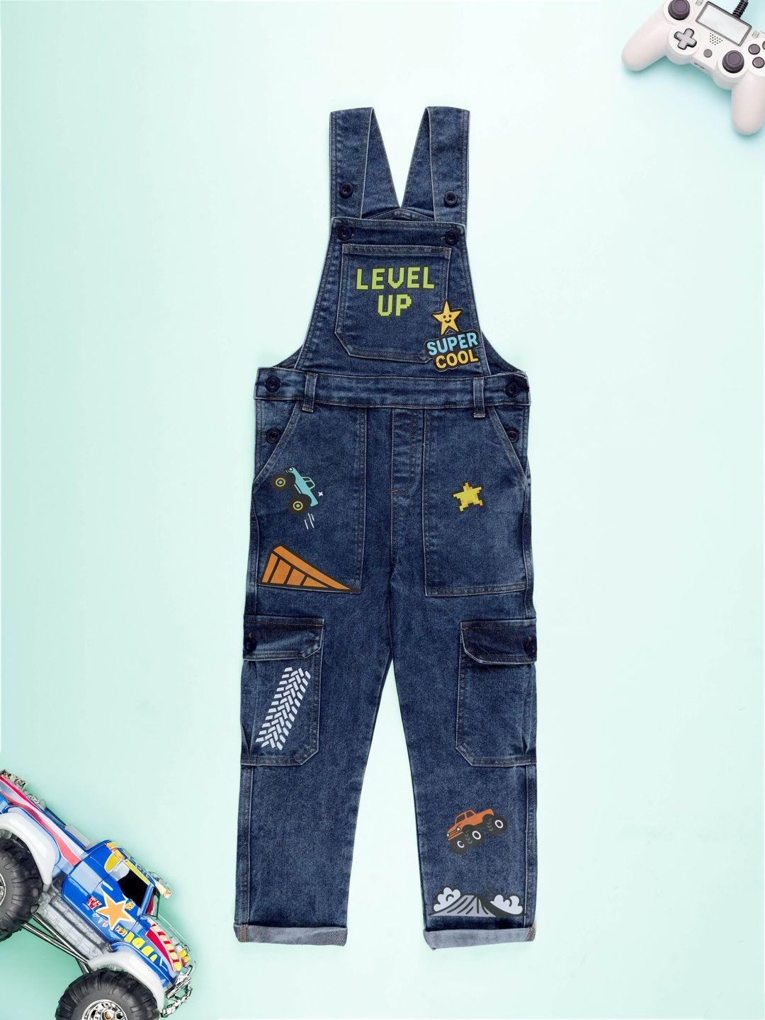 KiddoPanti Boys Printed Denim Straight Leg Ankle Length Dungaree With Cargo Pockets-picture-54