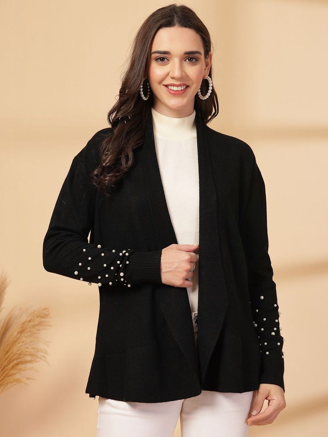 The Roadster Lifestyle Co Juelle Embellished Woolen V-Neck Open Front Longline Shrug-picture-35