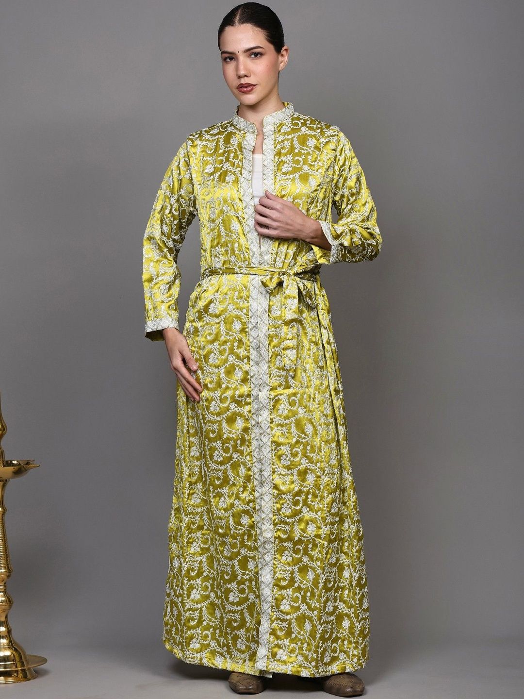 Exotic India Cress-Green Kashmiri Robe with Waist Belt and Aari Embroidered Floral Sprigs-picture-11