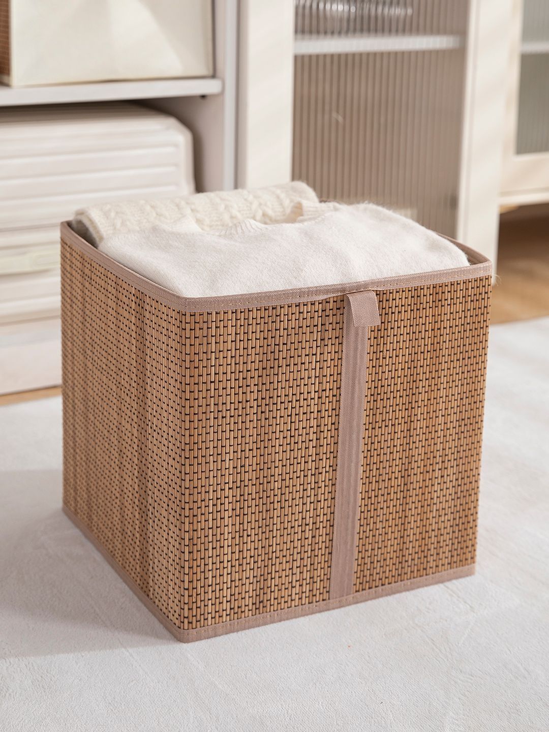 HOKIPO Set of 1 Beige Bamboo Storage Basket Foldable Storage Organizer-picture-14
