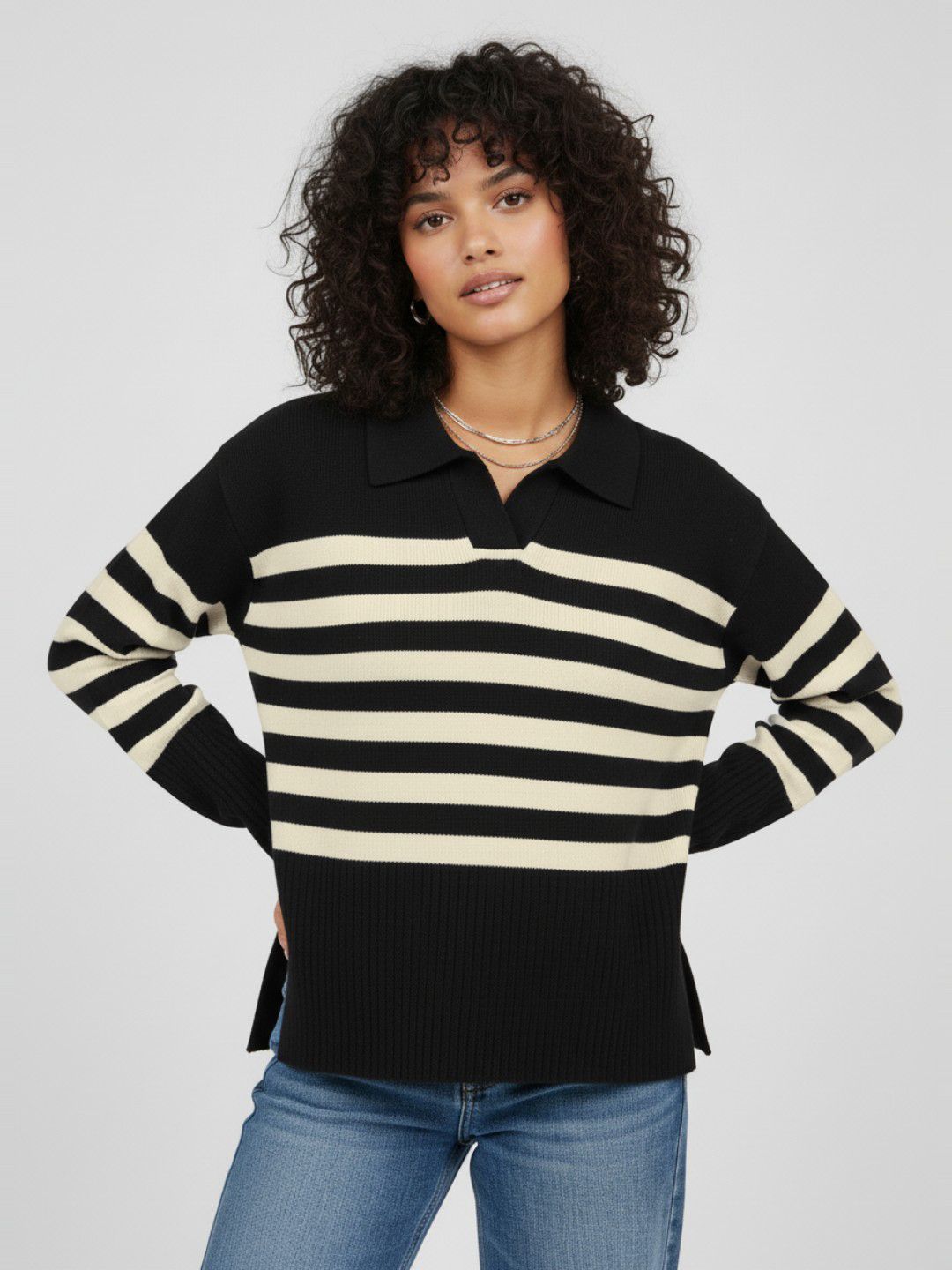 glitchez Self Striped Shirt Collar Oversized Pullover with Side Slits-picture-31