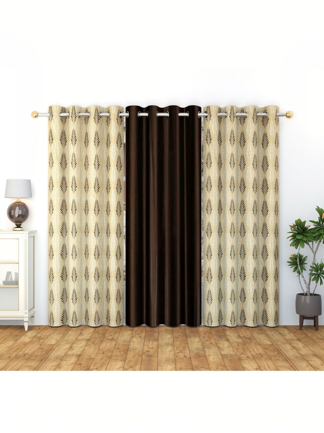 GEET CREATIONS Brown & Beige Set of 3 Floral Room Darkening Window Curtain-picture-40