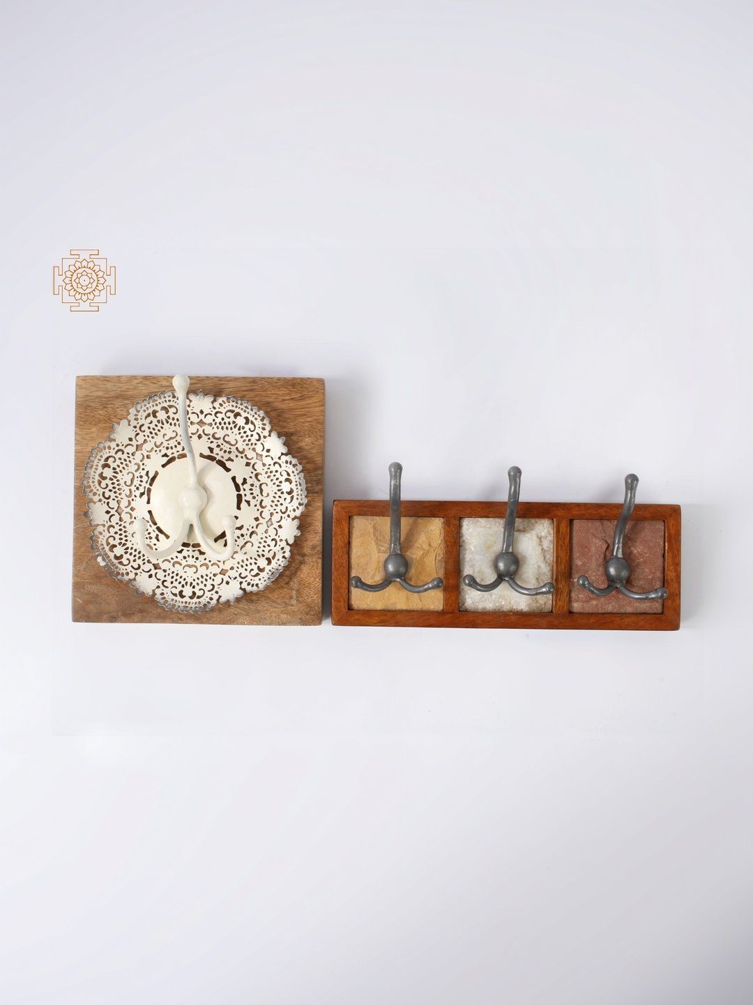 Exotic India 2Pcs Brown & White Cutwork and Bar Shaped Set of Wall Hook-image-48