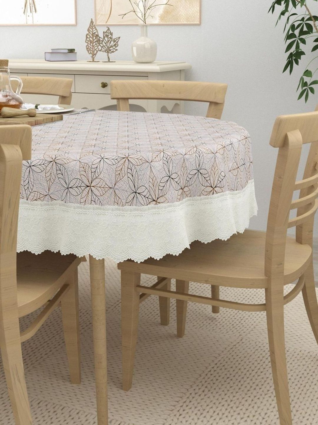 IC ICONIC CHOICE Beige & Brown Flower-Printed Oval Dining Table Cover-picture-34