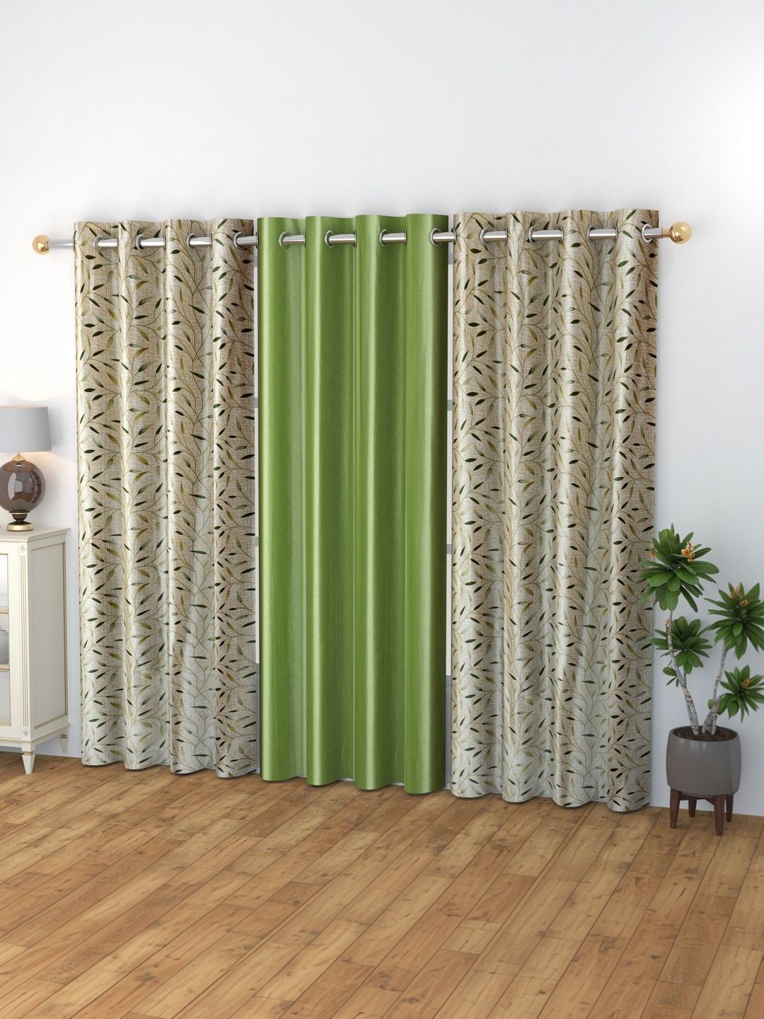 GEET CREATIONS Green & Beige Set of 3 Floral Room Darkening Door Curtain-picture-15