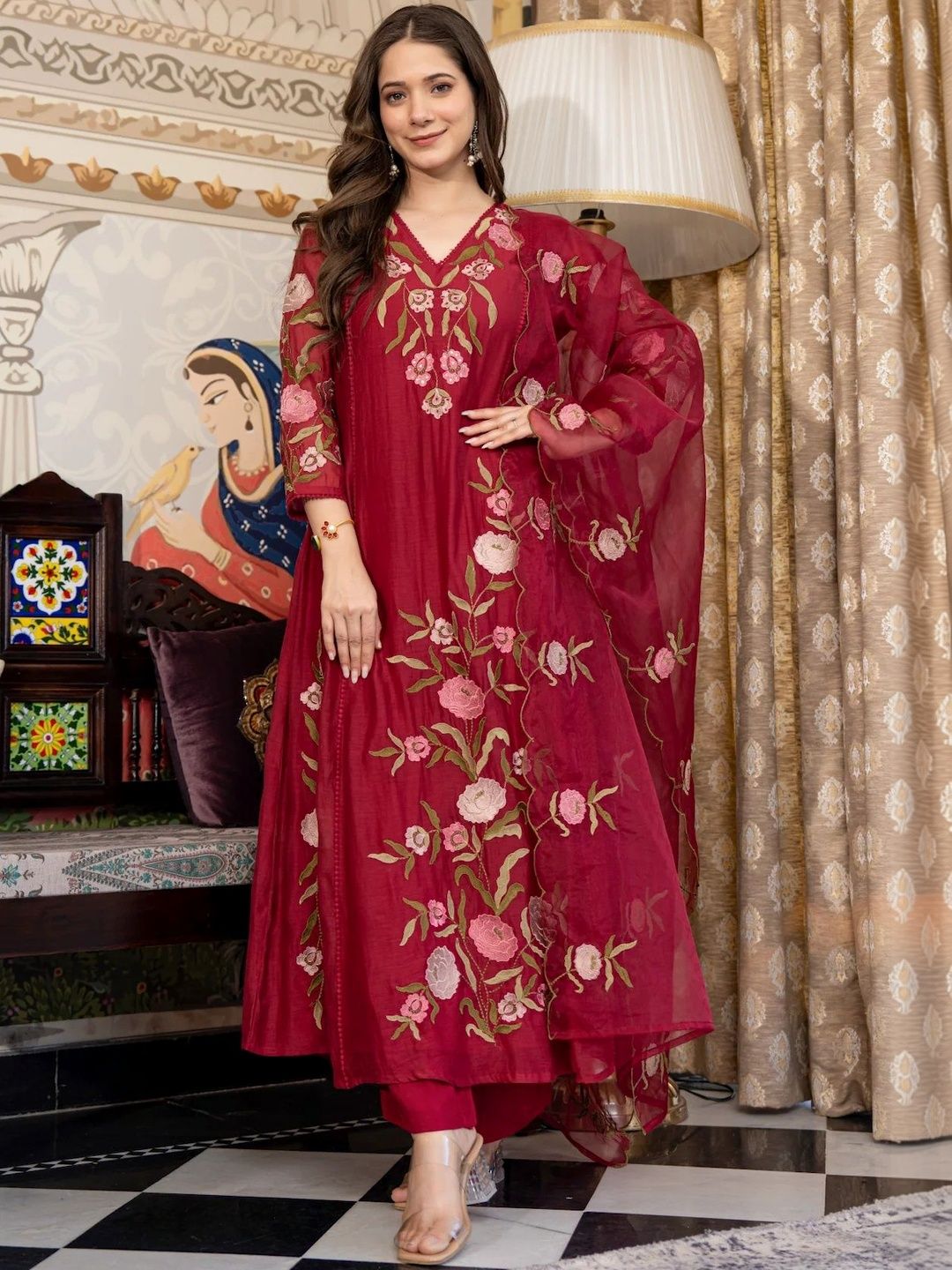 CaniBani Women Floral Embroidered Regular Thread Work Chanderi Silk Kurta with Trousers & With Dupatta-picture-36