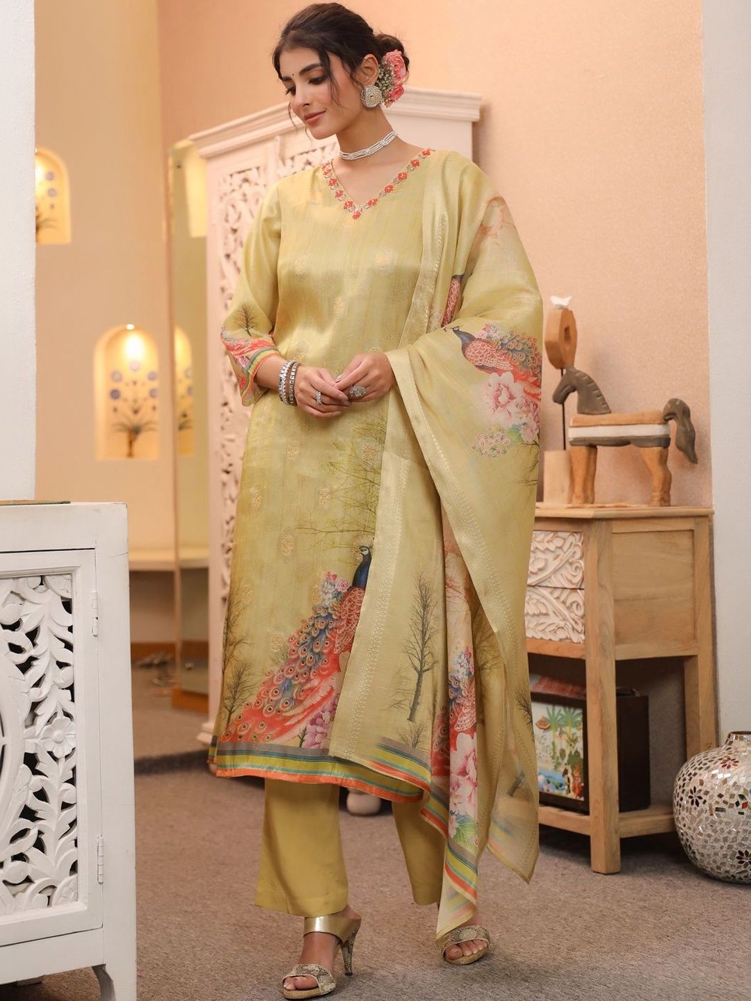 Rain & Rainbow Women Ethnic Motifs Printed Chanderi Cotton Kurta with Trousers & Dupatta-picture-41