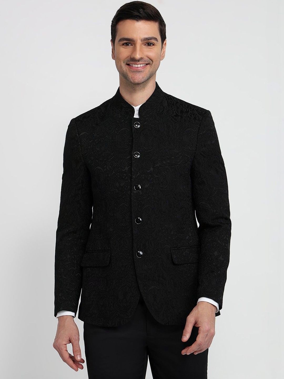 Raymond Men Self Design Mandarin Collar Regular Fit Blazer-picture-24