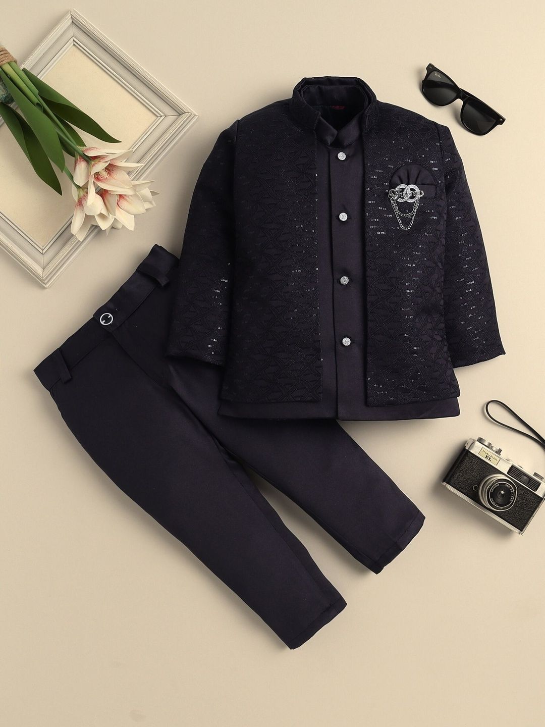 Sangria Boys Geometric Sequin Embellished Sherwani Set-image-19