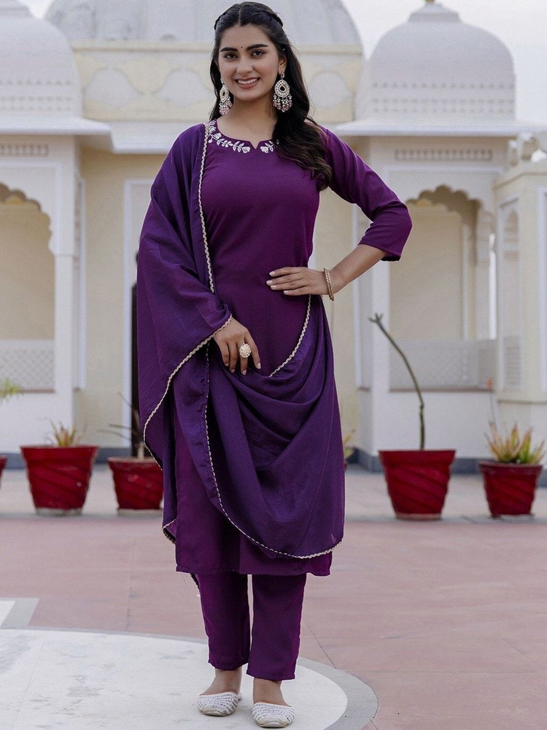 LAZZLY Women Floral Embroidered Regular Thread Work Kurta with Trousers & With Dupatta-picture-52