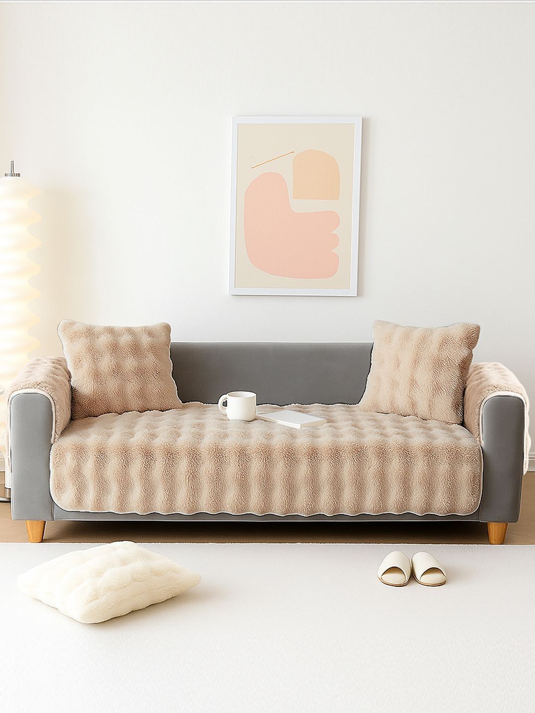 DREAM CARE Beige & Beige Polyester 3 Piece Sofa Cover With Arms-image-21