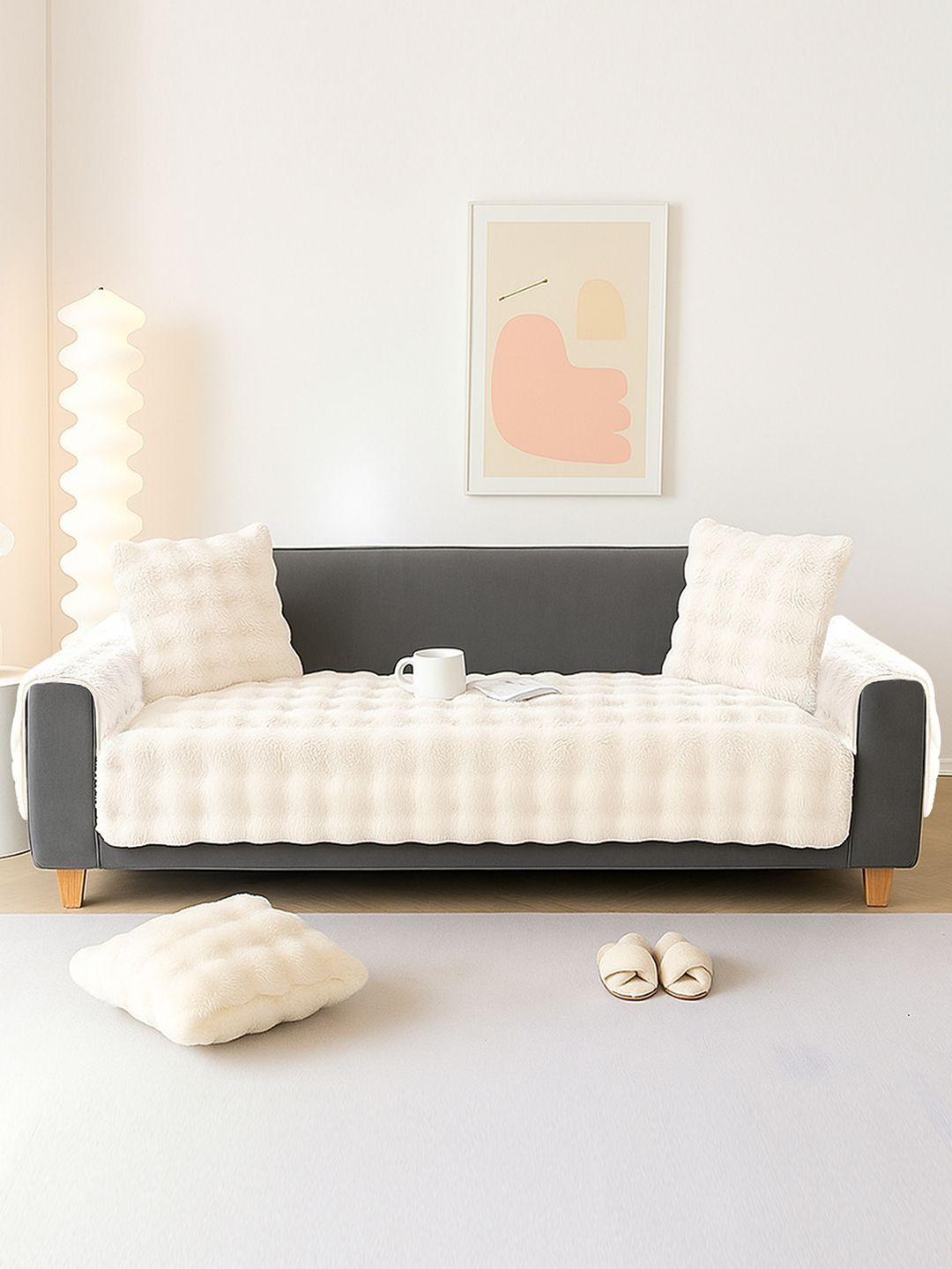 DREAM CARE Cream-Coloured & Beige Solid Polyester 3 Piece Sofa Cover With Arms-picture-24