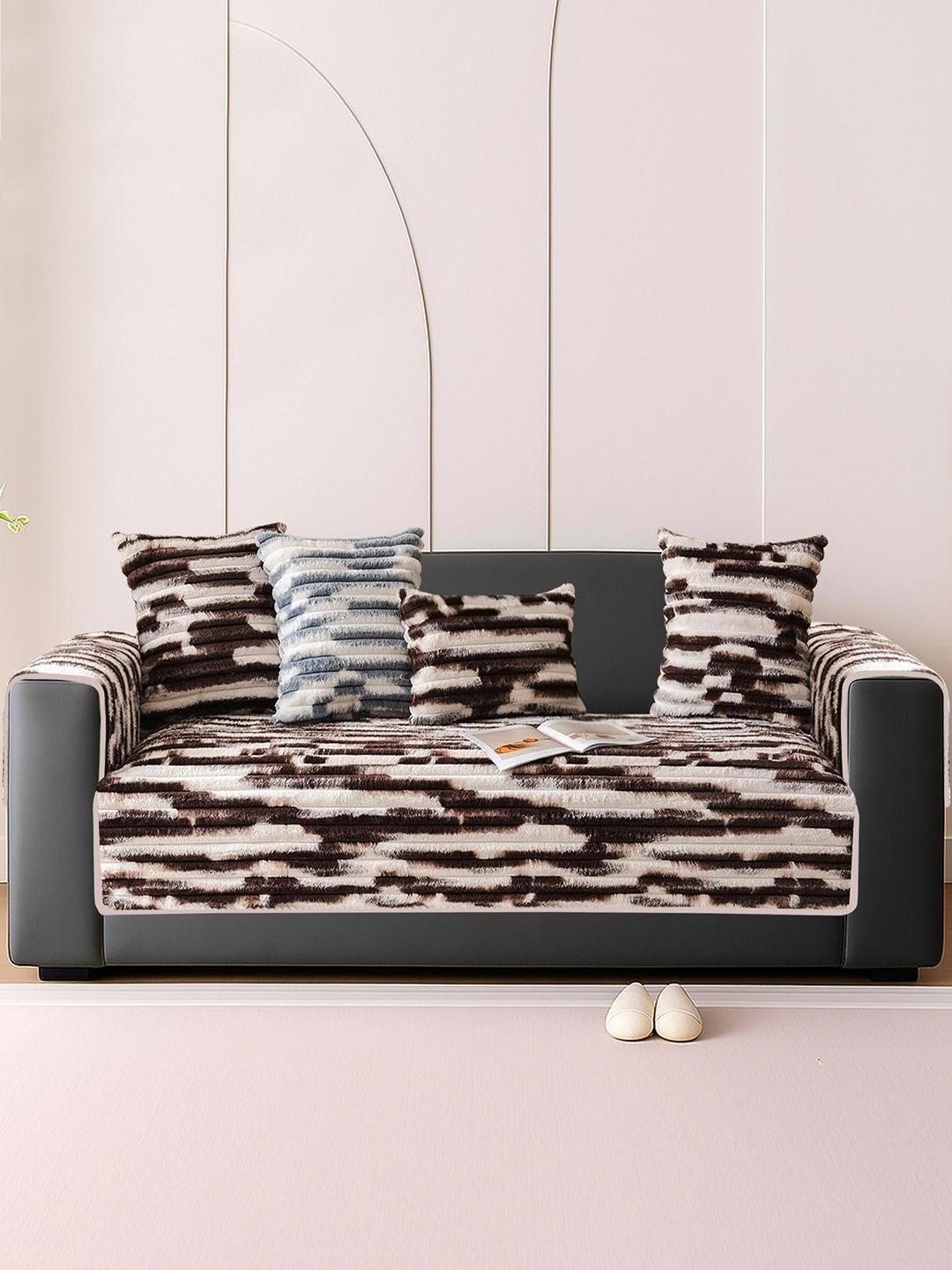 DREAM CARE Brown Polyester 3 Piece Sofa Cover With Arms-image-11