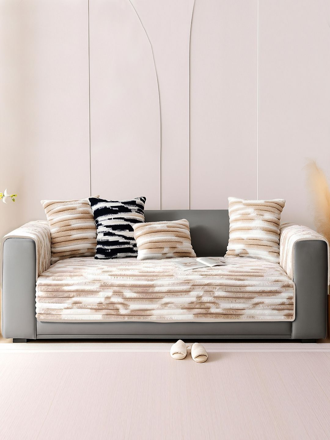DREAM CARE Beige & Cream-Coloured Printed Polyester 3 Piece Sofa Cover With Arms-picture-25