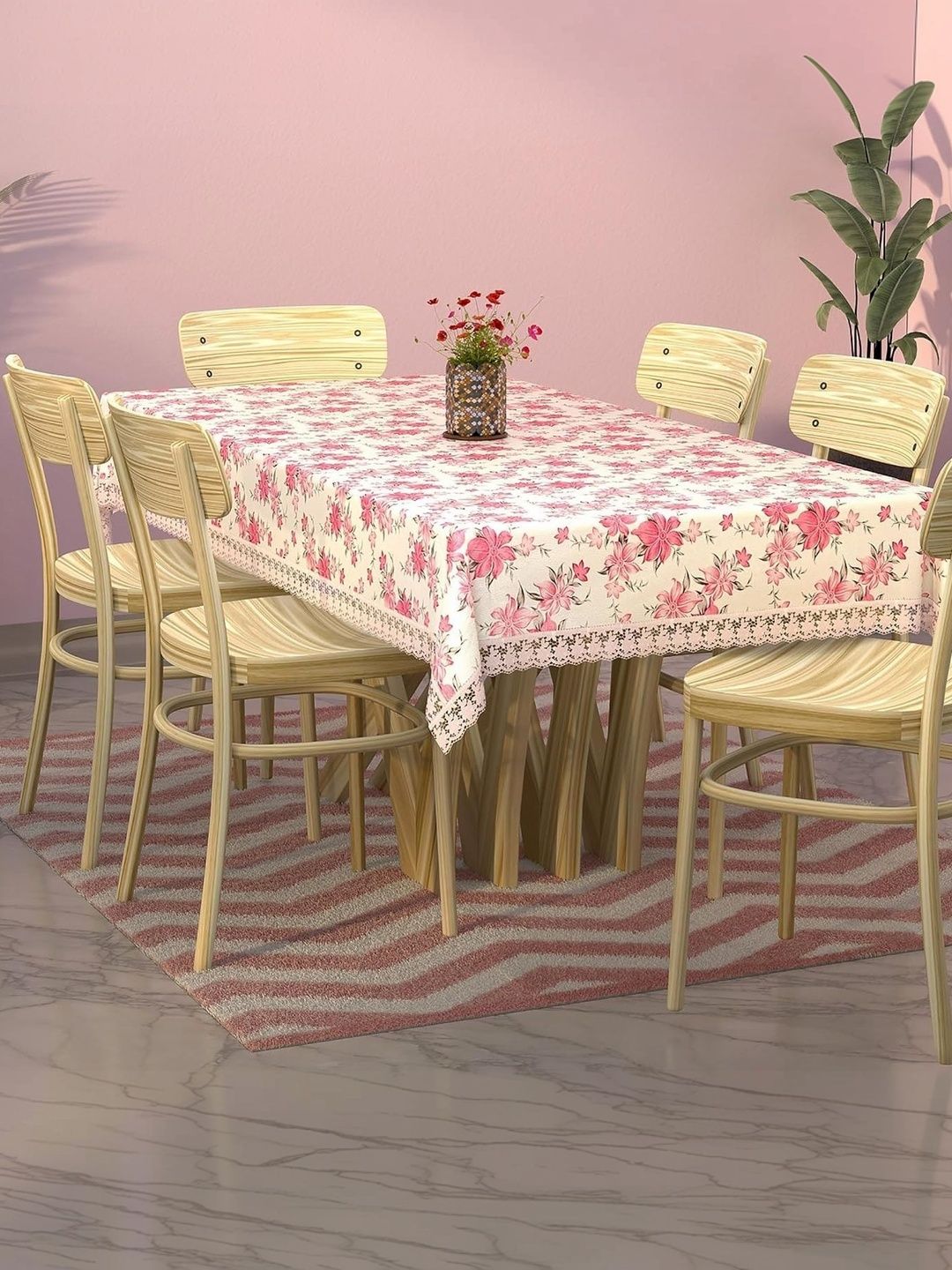 IC ICONIC CHOICE Beige & Pink 6-Seater Rectangular Dinning Center Table Cover