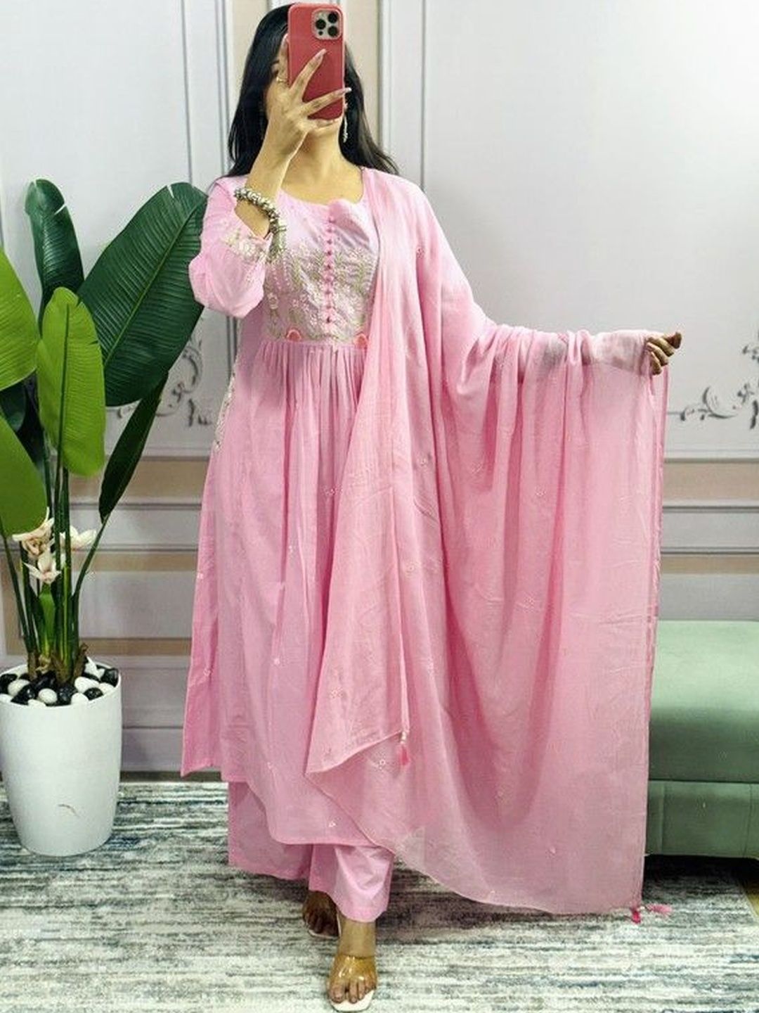 SRF JAIPUR Women Floral Embroidered Empire Thread Work Pure Cotton Kurta with Trousers & With Dupatta-picture-35