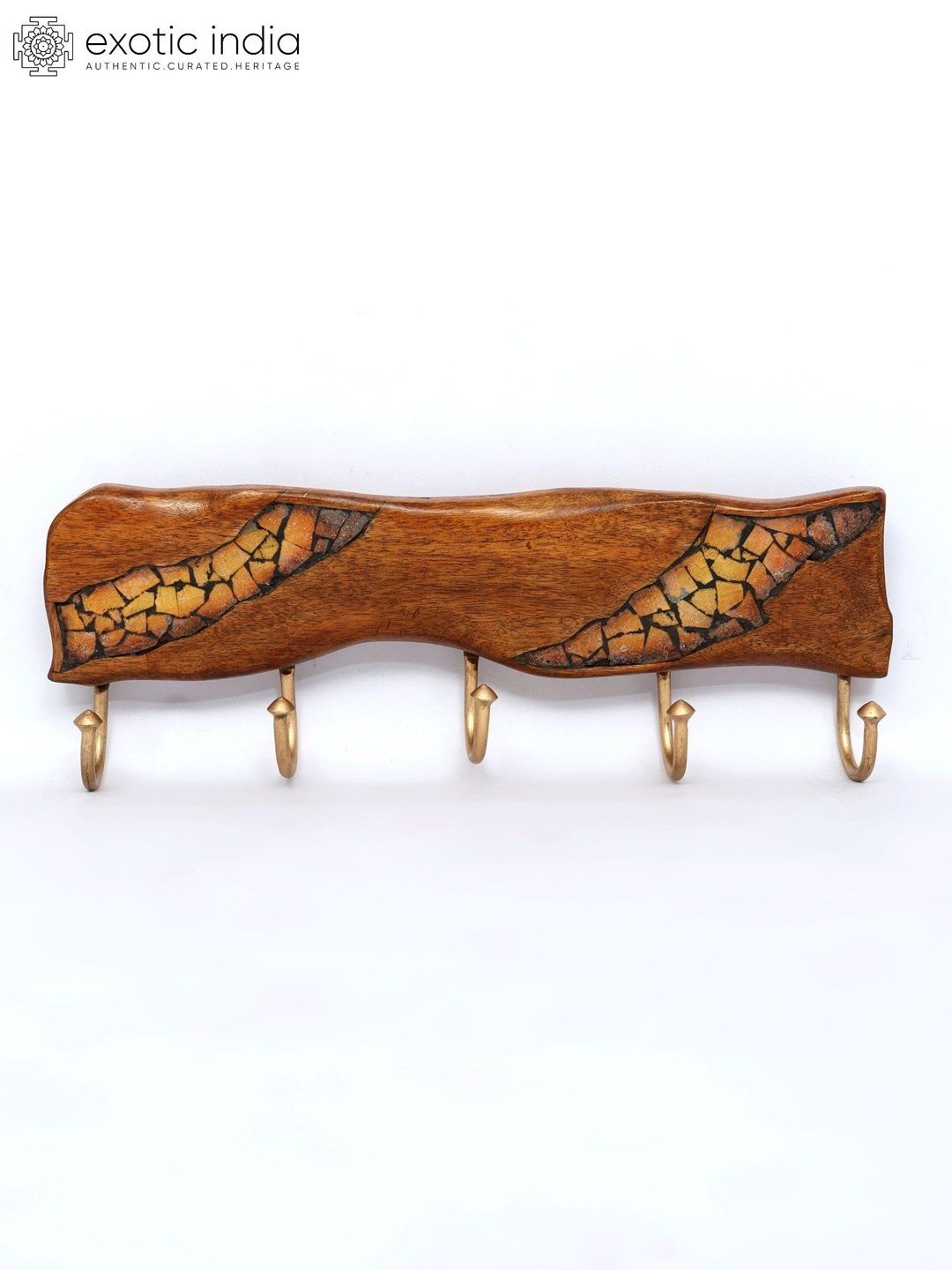 Exotic India Brown & Yellow Textured Wooden Wall Hanging Hooks-picture-21