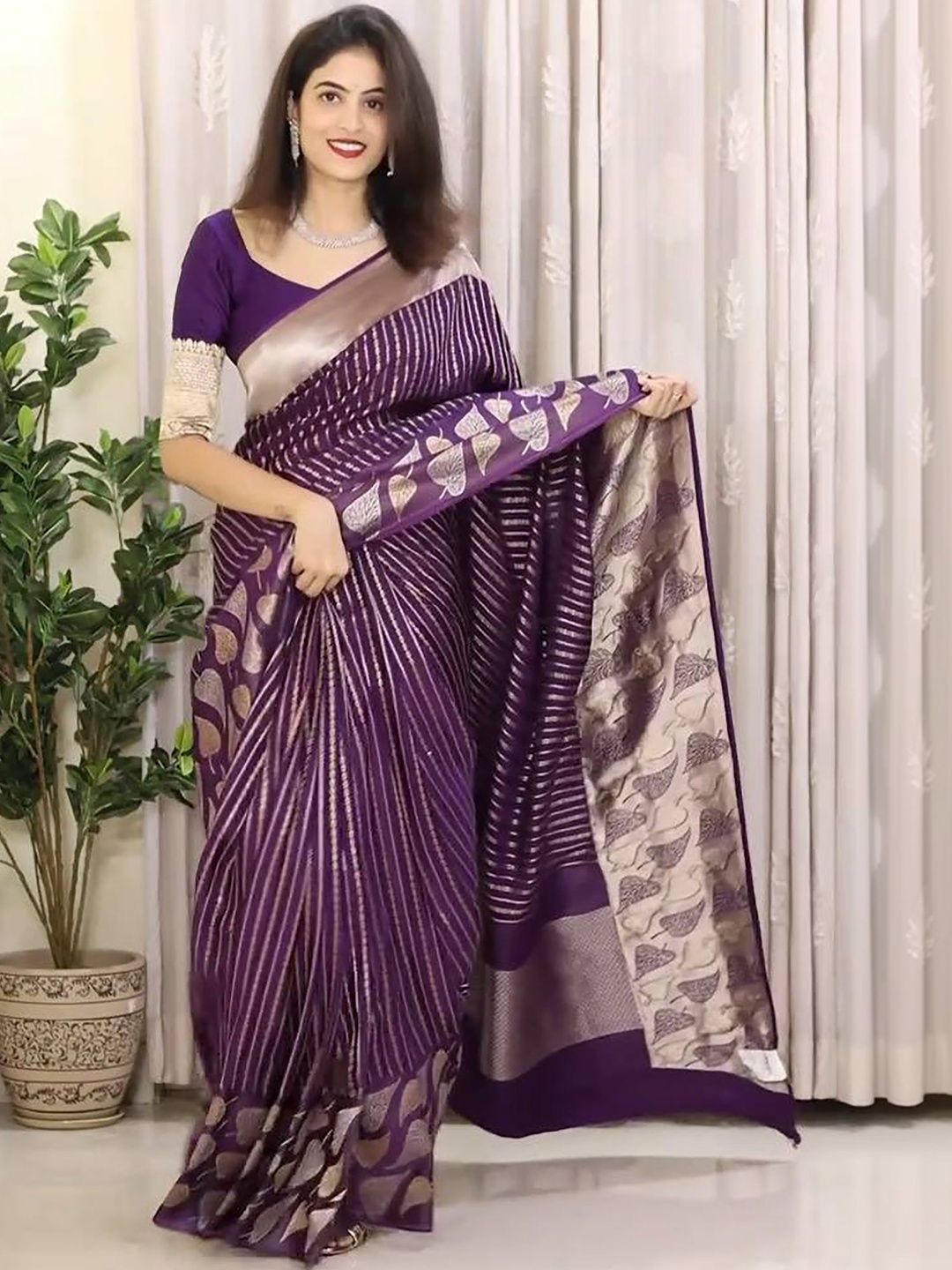 KALINI Ethnic Motifs Zari Silk Blend Banarasi Saree-picture-28