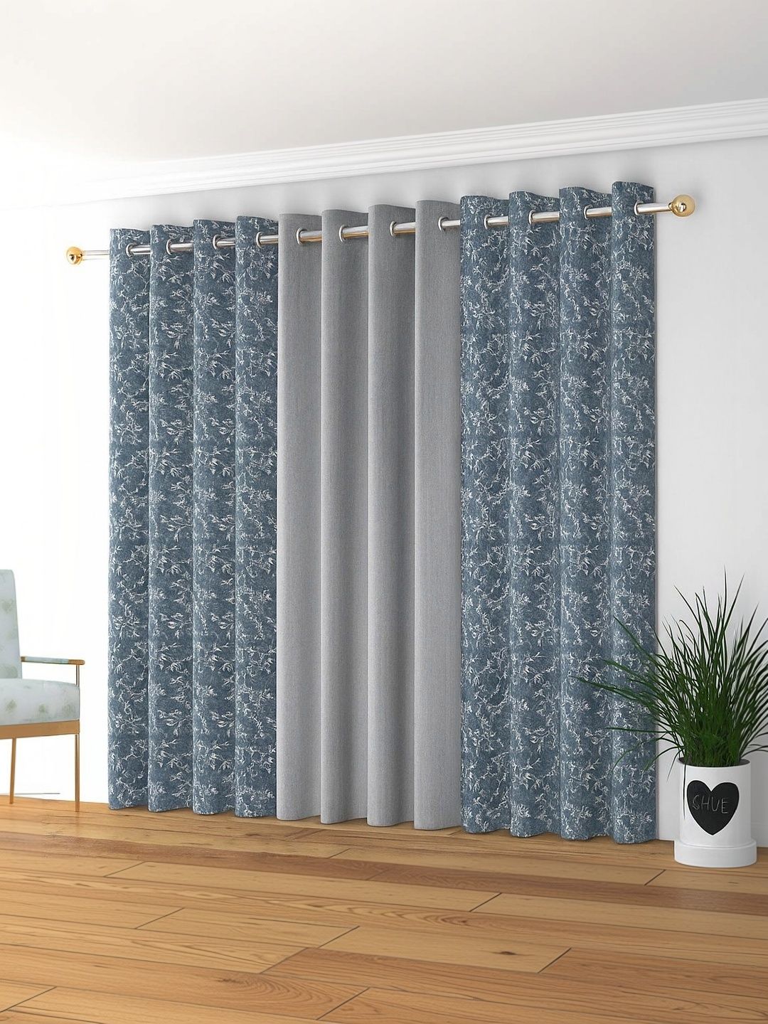 GEET CREATIONS Grey Set of 3 Floral Room Darkening Window Curtain-picture-32