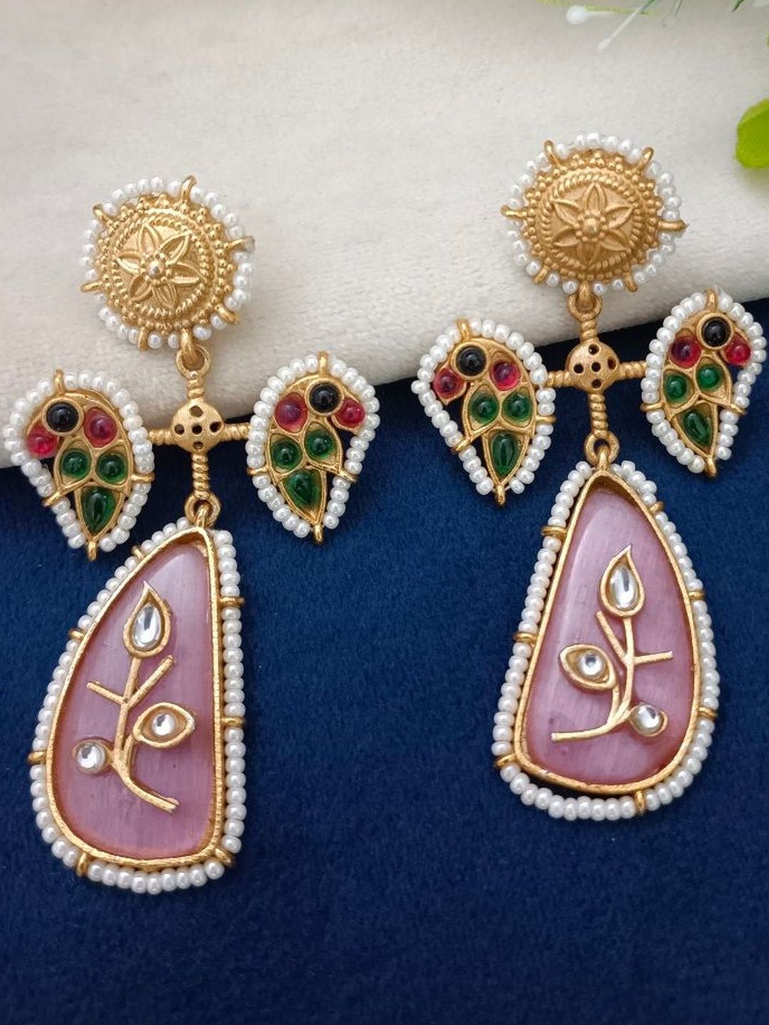 Sanjog Brass-Plated Kundan Studded Peacock Kashmiri Statement Drop Earrings-image-46