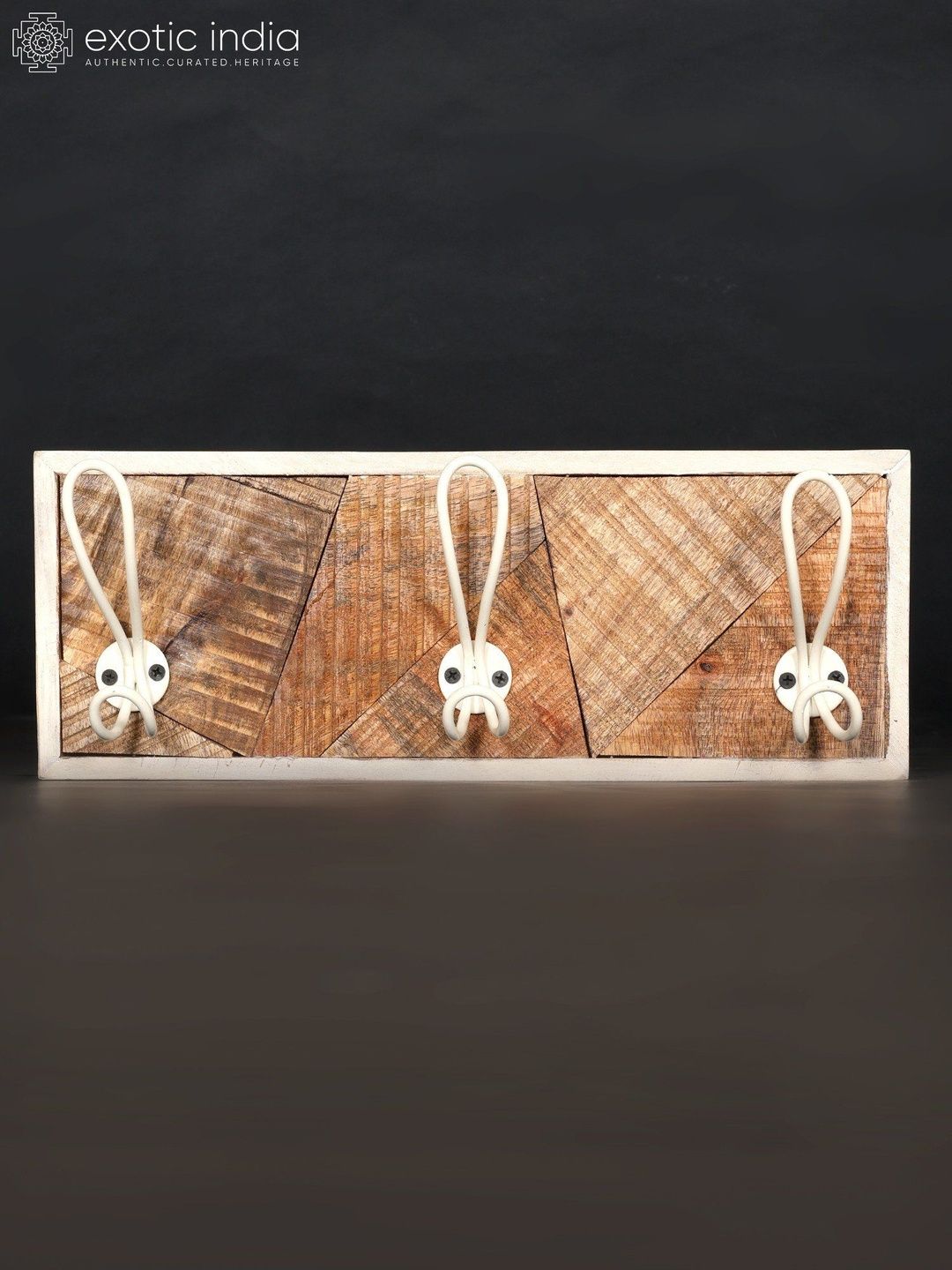 Exotic India Brown & White Textured Wooden 16" Wooden Hanger With Iron Hooks-picture-29