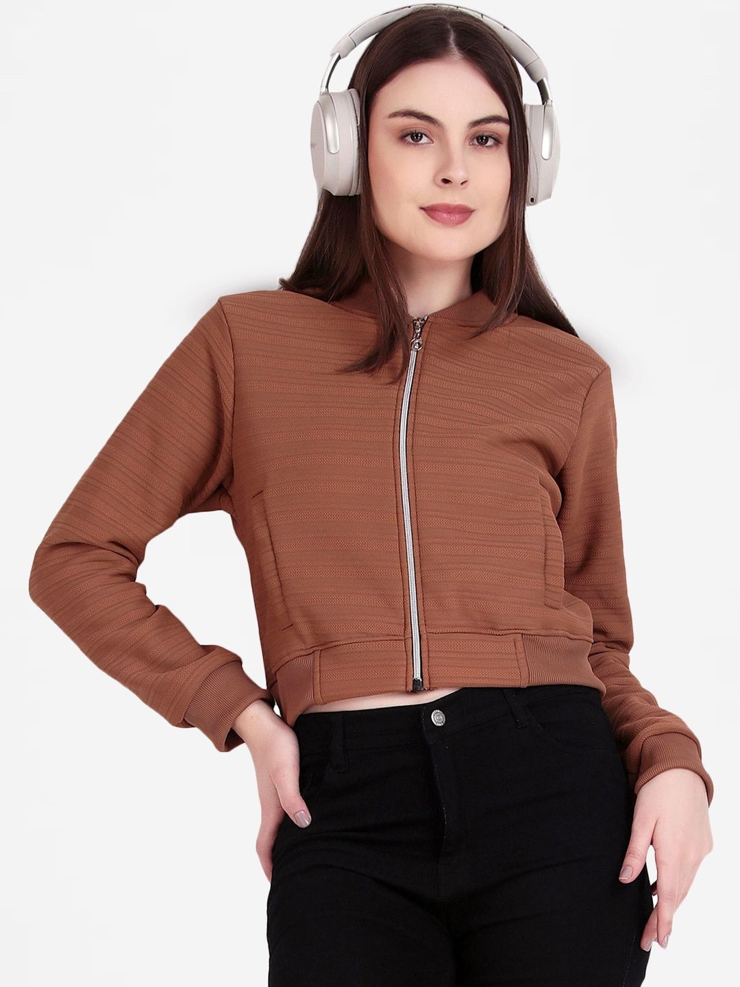 Brazo Women Fleece Lightweight Crop Bomber Jacket-picture-39