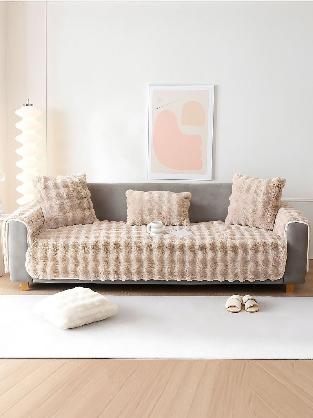 DREAM CARE Beige & Cream-Coloured Solid Polyester 3 Piece Sofa Cover With Arms-image-24