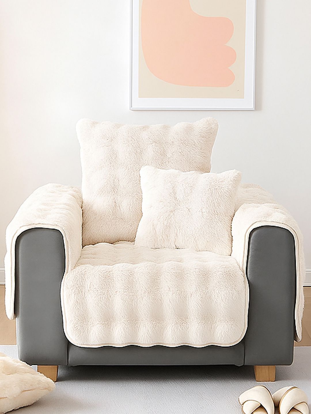 DREAM CARE Cream-Coloured & Cream-Coloured Solid Polyester 3 Piece Sofa Cover With Arms-image-26