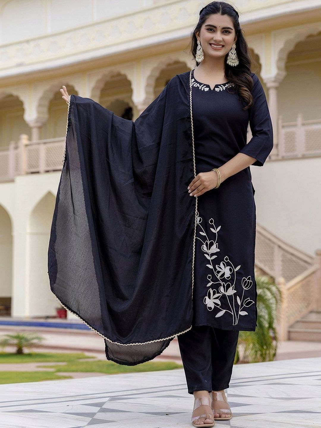 LAZZLY Women Floral Embroidered Regular Thread Work Kurta with Trousers & With Dupatta-picture-44