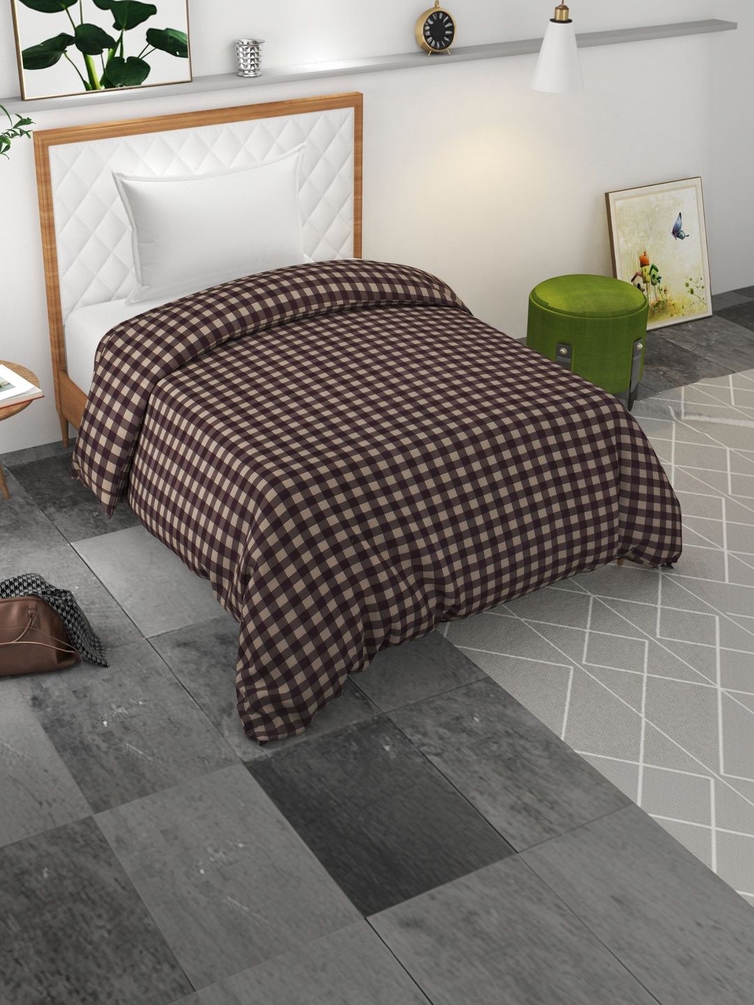 BELVOSTUM Brown & Beige Checked Cotton Single Duvet Cover-picture-10