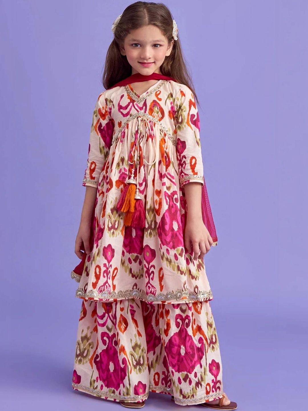 White World Girls Ethnic Motifs Printed Tiered Sequinned Kurta with Sharara & With Dupatta-picture-36