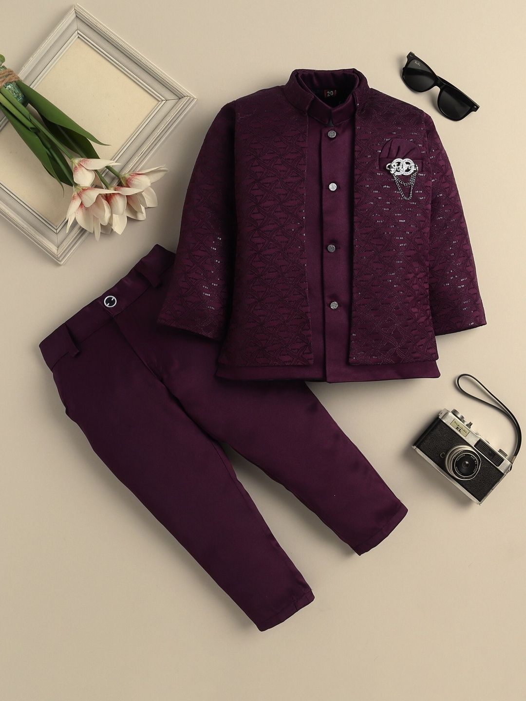 Sangria Boys Embroidered Mandarin Collar Sherwani Set-picture-22